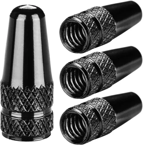 Tapones de vástago de válvula Presta de aluminio - Cubiertas de polvo de aire de neumático negras para bicicleta (paquete de 4) - Se ajustan a