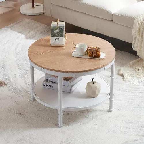 Miniatura 9 de VINGLI - Mesa de café de granja redonda de nogal oscuro y blanco de 25.6", mesa de centro con 2 estantes de almacenamiento para sala de estar