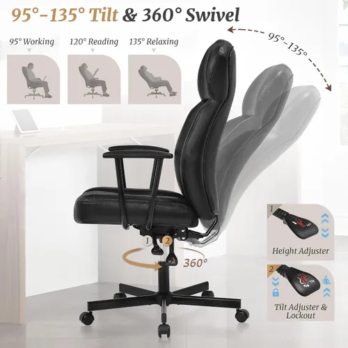 Miniatura 4 de Cozyman Silla ergonómica de piel sintética para oficina en casa, silla de escritorio ejecutiva de respaldo alto con cojín de 5 capas, respaldo Negro
