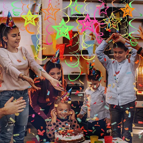 Miniatura 4 de 54 piezas de guirnaldas de papel en espiral colgantes UV con estrellas de neón, serpentinas brillantes, suministros y decoraciones de fiesta UV