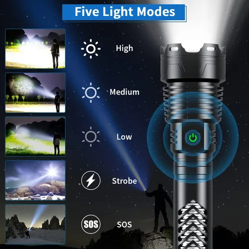 Miniatura 4 de Linterna LED súper brillante Weoxi, 1000000 lúmenes recargables con mango largo, batería de 10000mAh, 5 modos con zoom para camping al aire libre