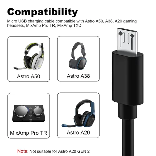 Miniatura 2 de Zosvoses Cable de carga A50 compatible con auriculares Astro A50, A38, A20, cable de carga micro USB para MixAmp Pro TR, MixAmp TXD, 6.6 pies