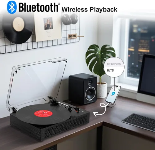 Miniatura 2 de Tocadiscos de vinilo con Bluetooth y altavoces estéreo integrados, tocadiscos vintage de 3 velocidades con parada automática, salida RCA y entrada