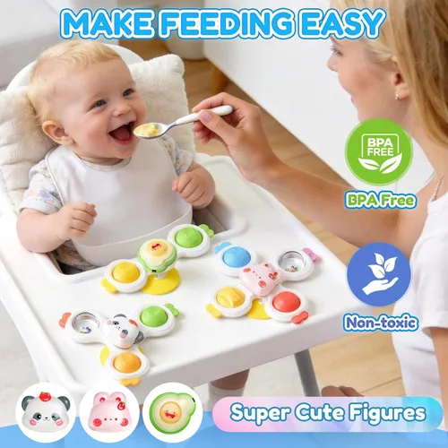 Miniatura 5 de 3 piezas de ventosa giratoria para bebés, juguetes Montessori de baño para bebés de 0 a 6 a 12 meses, sonajero de bebé para viajes, regalos