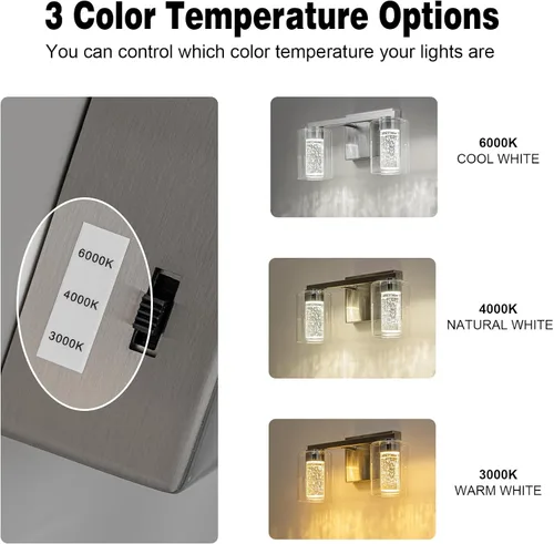 Miniatura 6 de SineRise lámpara de tocador de 2 luces de níquel cepillado, con 3 modos de color (3000K/4000K/6000K), lámpara de baño LED de protección ocular