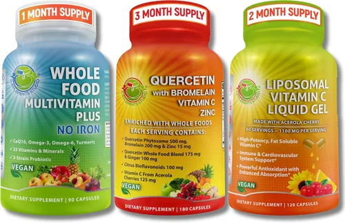 Paquete de apoyo para el sistema inmunológico: quercetina con bromelina + vitamina C liposomal 1100 mg gel líquido + multivitamínico integral sin