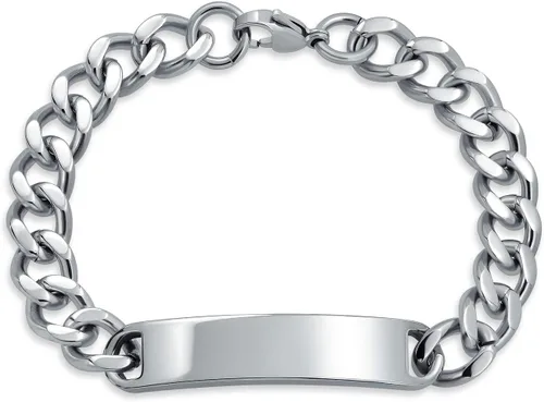 Bling Jewelry Cadena de eslabones cubanos chapada en nombre de identificación para hombre, nombre personalizado, grabado en tono plateado, acero