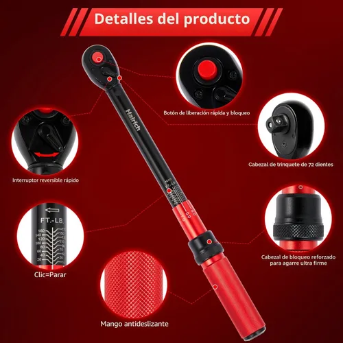 Miniatura 2 de Llave dinamométrica de clic Hairich de 1/2 pulgada, llave dinamométrica de doble dirección 10-170.0 pies.lb/13.60-230.5Nm, llaves dinamométricas