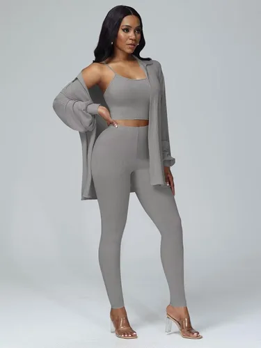 Miniatura 3 de acelyn Conjuntos de 3 piezas para mujer, conjuntos casuales de descanso, ombliguera, cárdigan de entrenamiento, pantalón, traje deportivo