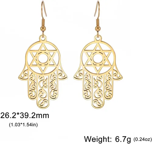Miniatura 6 de Hamsa - Aretes hexagonales de mano de Fátima con estrella de David contra el mal de ojo, nudo celta judío, protección para mujer, amuleto