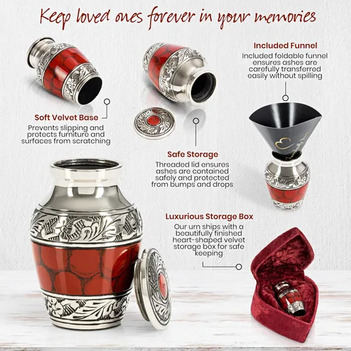Miniatura 3 de Urnas pequeñas de cremación de recuerdo para cenizas humanas con estuche de corazón de terciopelo y embudo - Carmesí: mini urna conmemorativa Urna