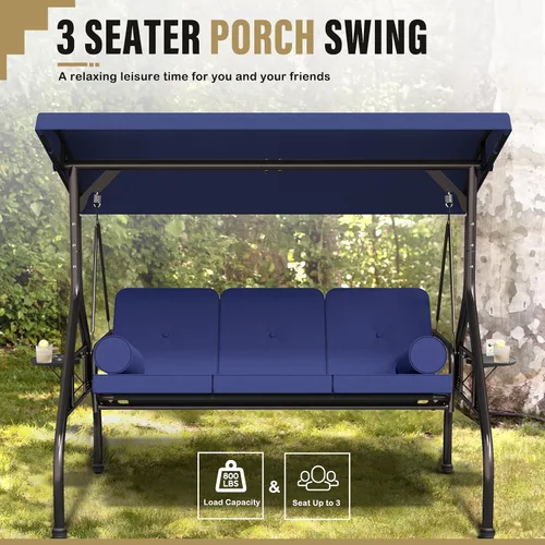 Miniatura 7 de Betterland Silla de columpio de 3 asientos para patio, columpio de porche al aire libre con cojines, almohadas y portavasos, columpio exterior Azul