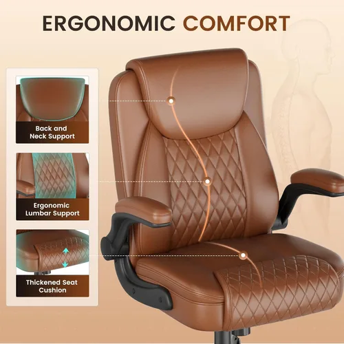 Miniatura 3 de COMHOMA Comfy Silla de oficina, silla de escritorio para el hogar con reposabrazos abatibles y respaldo ergonómico, silla ejecutiva de piel