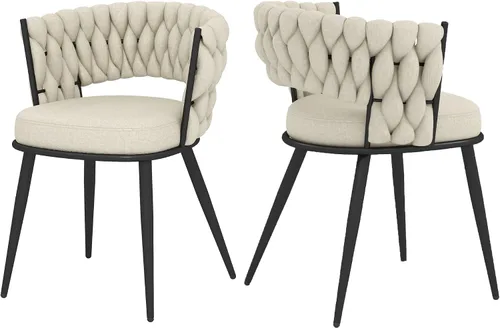 Juego de 2 sillas de comedor tejidas, modernas sillas de comedor tejidas a mano con patas de metal negro, sillas tapizadas con marco negro para