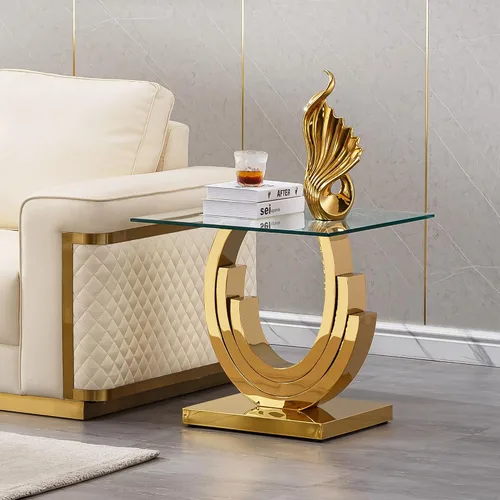 Miniatura 125 de Mesa de centro de cristal de lujo, mesa de centro de sofá de 47 pulgadas con marco de acero inoxidable dorado y parte superior de vidrio negro, mesa