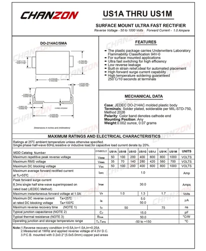 Miniatura 2 de Paquete de 100 piezas Chanzon US1M SMD Ultra Fast Recovery Rectificador Diodo 1A 1000V 50-75ns SMA (DO-214AC) 1 Amp 1000 Voltios Diodos Electrónicos