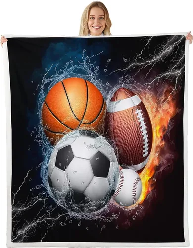 Miniatura 28 de Erosebridal Manta deportiva para niños, manta de forro polar de retazos de fútbol, patrón geométrico de bolas, manta Sherpa para niños y niñas