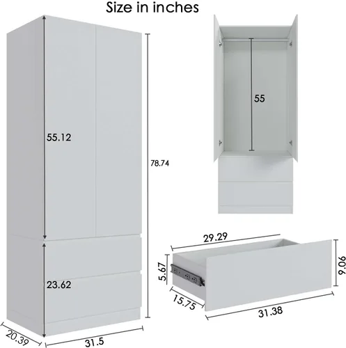 Miniatura 2 de Armario Armario con 2 cajones y 2 puertas, Armarios y armario con barra para colgar, Armario para dormitorio, color blanco