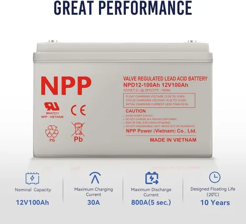 Miniatura 3 de NPP NPD12-100Ah (T16A, 2 piezas) Batería AGM SLA de ciclo profundo de 12 voltios, 12 V, 100 Ah, batería de ciclo profundo de 1200 amperios