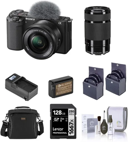 Sony ZV-E10 Cámara de Vlog sin espejo con lente de 0.630-1.969 in, color negro - Paquete con lente E 2.165-8.268 in f/4.5-6.3 OSS, tarjeta SD de 128