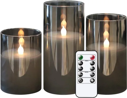 GenSwin - Velas LED sin llama de cristal gris que funcionan con batería, con temporizador y control remoto de 10 teclas, velas de cera real de luz