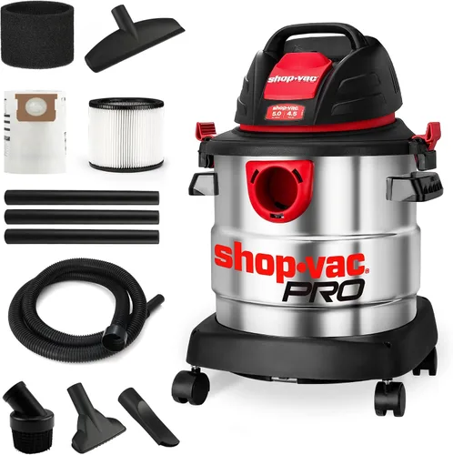 Shop-Vac Aspiradora húmeda/seca de 5 galones y 4.5 HP de pico, tanque de acero inoxidable, aspiradora de taller portátil con filtro, manguera y