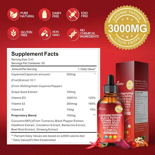 Miniatura 8 de Suplemento líquido de gotas de pimienta de cayena + tecnología liposomal 98% de absorción, soportes* vena de piernas, corazón y vasos sanguíneos*
