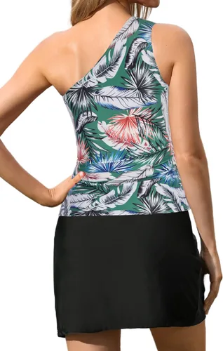 Miniatura 2 de Kate Kasin Traje de baño tankini de dos piezas para mujer, con un hombro descubierto, con falda