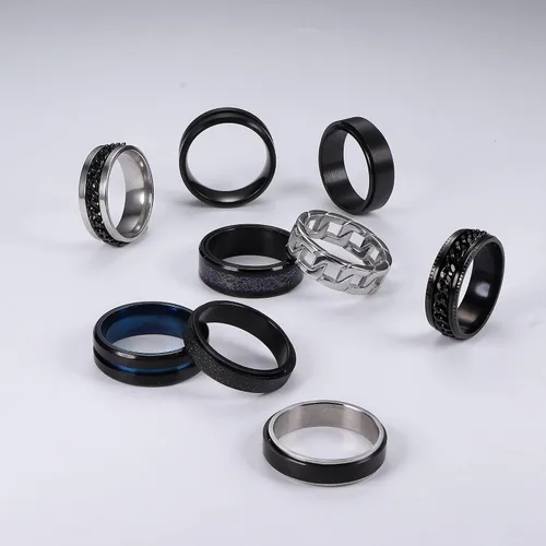 Miniatura 3 de JeryWe Juego de 9 anillos de acero inoxidable para hombre, anillos de cadena trenzados, abridor de cerveza, giratorios, vintage, para hombre, negro