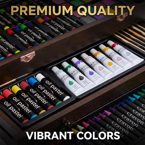 Miniatura 8 de Juego de 175 piezas de arte de madera de lujo con 2 almohadillas de dibujo, pinturas acrílicas, lápices de colores, lápices de colores, pincel, kit
