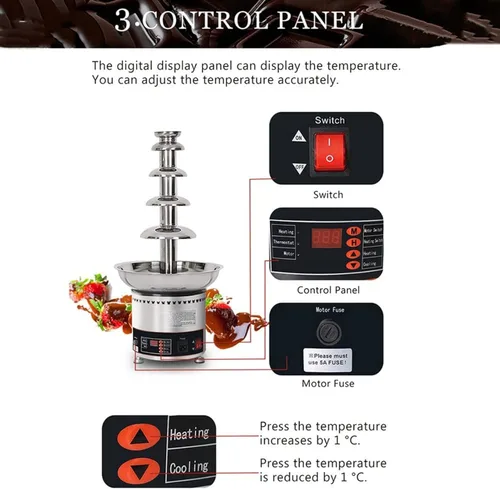 Miniatura 6 de Fuente de fondue de chocolate de acero inoxidable de 4 niveles, pantalla digital, máquina eléctrica comercial de fuente de chocolate, capacidad de 7