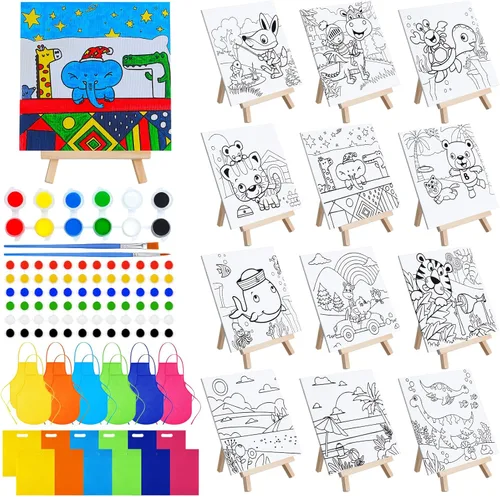 Tenceur Juego de 48 piezas de recuerdos de fiesta de pintura para niños con 12 piezas de paneles de lona predibujados de animales y caballete de