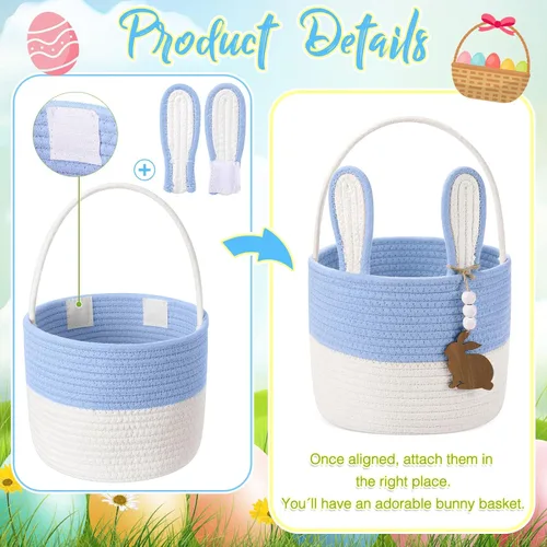 Miniatura 2 de SiliFine Cesta de Pascua para niños, cesta de conejo de Pascua con etiqueta de nombre, oreja de conejo desmontable, regalo tejido rústico para niñas