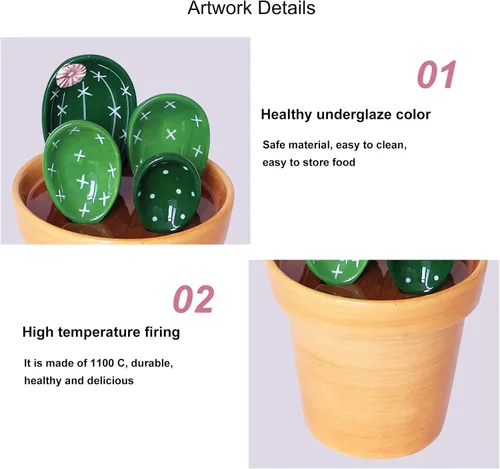 Miniatura 5 de Juego de 5 cucharas medidoras/cucharas de cerámica y taza base medidora/para ingredientes secos y líquidos, bonita forma de cactus