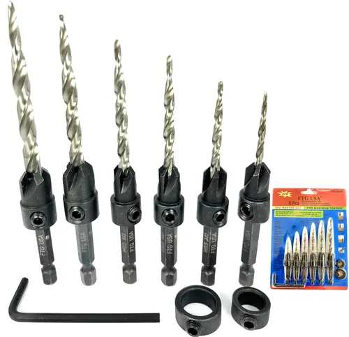 Miniatura 12 de FTG USA Juego de brocas avellanadoras de madera ajustable, 5 piezas, broca avellanadora #4 #6 #8 #10 #12 con broca cónica para carpintería