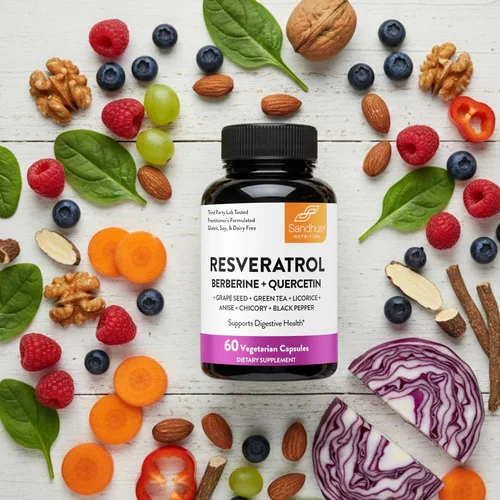 Miniatura 7 de Resveratrol con suplemento de berberina para apoyo a la salud intestinal 60 cápsulas digestivas para mujeres y hombres Con extracto de té verde