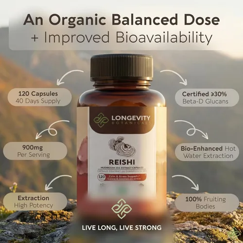 Miniatura 4 de Longevity Botanicals Cápsulas orgánicas de hongos Reishi Extracto de suplemento de 120 unidades Cuerpo fructífero de Ganoderma Lucidum ≥30%