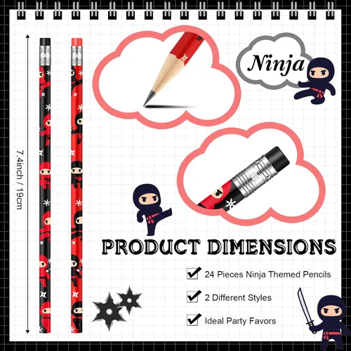 Miniatura 3 de Nezyo 24 lápices ninja para niños, lápices de karate ninja con borrador, decoraciones de fiesta de cumpleaños para regalo de regreso a la escuela