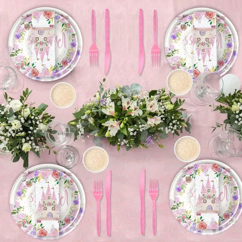 Miniatura 5 de Vajilla para decoración de fiesta de princesa, suministros para fiesta de cumpleaños de princesa, incluye platos, vasos, servilletas, mantel