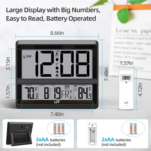Miniatura 3 de LFF Reloj atómico de pantalla grande, reloj de pared digital con temperatura y fecha para interiores y exteriores, sensor inalámbrico para Negro