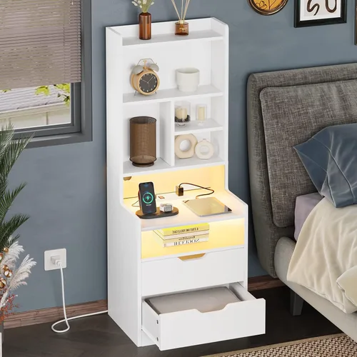 Miniatura 8 de ADORNEVE Juego de 2 mesitas de noche altas, mesita de noche LED con estación de carga, mesita de noche con estantería y cajones, mesas auxiliares