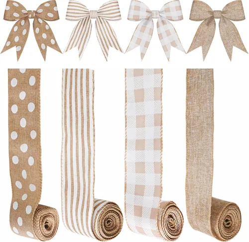 Kit de cinta de corona (4 rollos x 20 yardas) – Poliéster con alambre de 2.5 pulgadas | Rayas de granja, cuadros clásicos y puntos – Sin