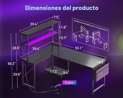 Miniatura 3 de AODK Escritorio en forma de L para juegos con luz LED y toma de corriente, mesa de computadora reversible en forma de L de 53 pulgadas con estante