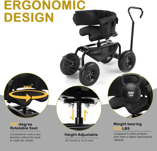 Miniatura 2 de Outvita - Asiento de jardín con ruedas, taburete de jardinería con asiento giratorio ajustable en altura de 360 grados, respaldo ergonómico, bandeja