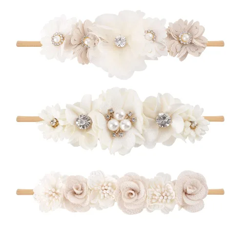 Miniatura 8 de cherrboll 3 diademas de flores para bebé, súper suaves y elásticas, de nailon, para recién nacidas Rosa (Rose Bloom)