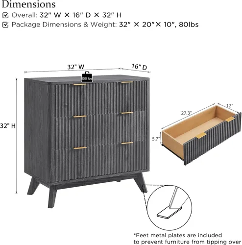 Miniatura 2 de T4TREAM Cómoda acanalada de 3 cajones, cómoda moderna de 32 pulgadas de alto, diseño de perfil curvo, organizador de cajones de madera para Aliso