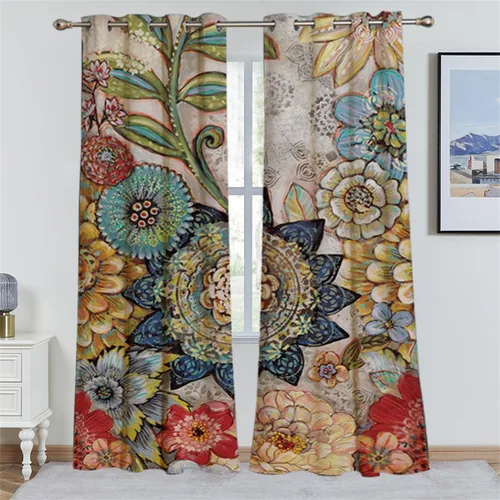 Miniatura 5 de Koudi Cortinas opacas con diseño de pájaros y flores, cortinas de oscurecimiento con ojales, paneles de cortina con aislamiento térmico