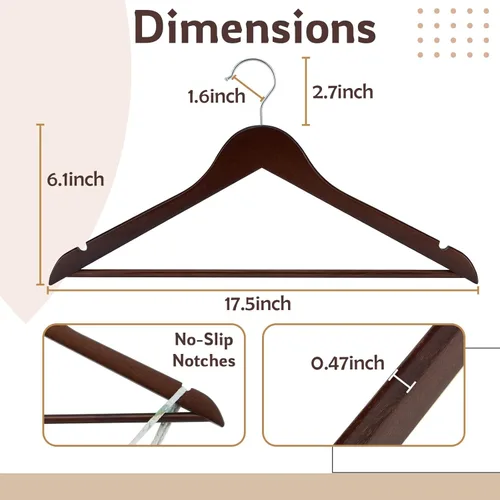 Miniatura 3 de Perchas de madera, paquete de 20 perchas con acabado extra suave, muescas cortadas con precisión y gancho giratorio cromado, perchas de madera