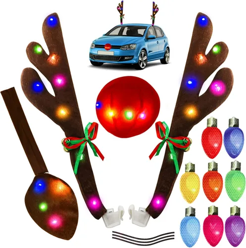 Cuernos de reno para coches, kit de decoración de coche con cuernos de reno navideños y luz LED de color, decoraciones de coche con cuernos, nariz