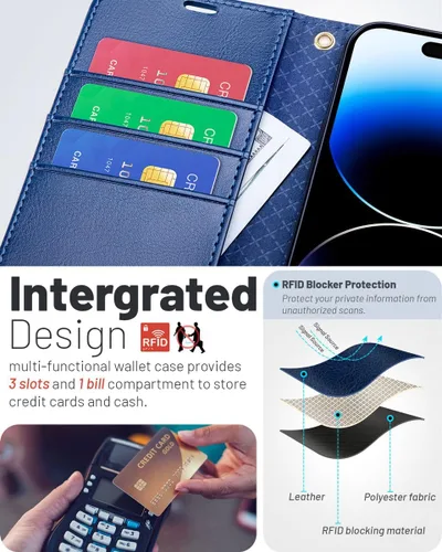 Miniatura 3 de OCASE Funda Cartera Compatible con iPhone 15, Funda Tipo Folio de Cuero PU con Tapa, con Tarjeteros, Soporte y Bloqueo RFID